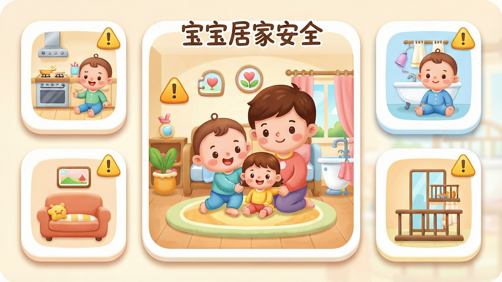 �����Ǳ����ӼҰ�ȫӦ�õ��������ͼ������Ϊ�м���ʾ��ͨ��ͥ���������ܻ��Ƴ�����ԡ�ҡ���������̨�ĸ���ȫ�������ͼ�꣬�Ű����Բ��Ƭʽ�������У����Ϊ�����ɰ��Ķ�ͯ�廭�磬ϸ�ڰ�����ͨ������ɫ����ʾСͼ�ꡢ�����Ӱ��Բ�ǰ�ť�����ʸ���ɾ��޶���Ԫ�أ������б�ע���֡������ӼҰ�ȫ��