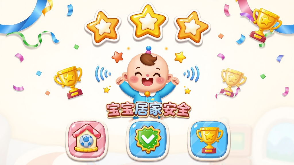 �����Ǳ����ӼҰ�ȫ��Ϸ������棬����Ϊ�Ϸ���ʾ�����������֣��м��ǿ�ͨ��ɫ�������·�����������ȫС��Ϸͼ�꣬�Ű����������жԳƽṹ�����Ϊ�����ǹ�ɫ��ͯ���ϸ�ڰ����ʴ�����������Ч���Ʒ��ţ����ʸ���ɾ��޶���Ԫ�أ������б�ע���֡������ӼҰ�ȫ��