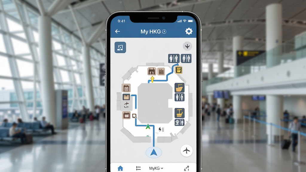 �ֻ���Ļչʾ My HKG ���ڵ�ͼ�������棬��������������·��ָ���͵ǻ��ڱ�ǣ�����Ϊ������վ¥�ڲ��ṹ������Ϊ�ֻ��뵼��·�ߣ�����Ϊ���ӽǶȣ��Ű�ͻ��·����ر꣬���Ϊ��Լ��ƽ����ϸ�ڰ���¥�㰴ť���̵�ͼ�ꡢϴ�ּ��ʶ�����ʸ��壬�ɾ����޶���Ԫ�ء�
