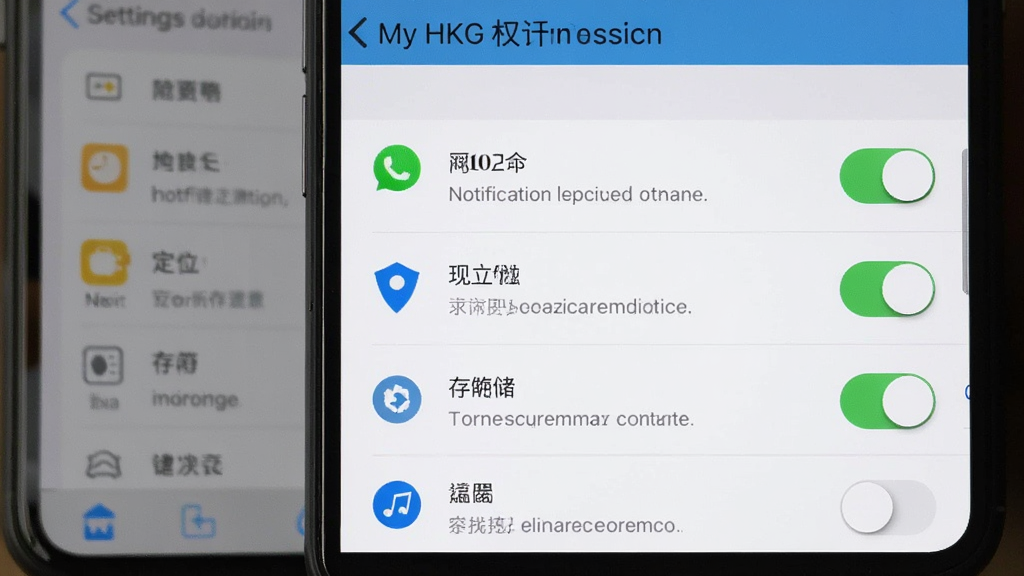 �ֻ���Ļ��ʾ My HKG Ȩ�����ý��棬��������֪ͨ����λ���洢��Ȩ�޿��أ�����Ϊ�ֻ����ò˵�������ΪȨ���б�������Ϊ�������У��Ű����������Ϊ��ƽ����ƣ�ϸ�ڰ������ذ�ť��Ȩ��ͼ�ꡢ˵�����֣����ʸ��壬�ɾ����޶���Ԫ�ء�