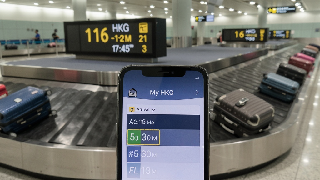 �ֻ���Ļ��ʾ My HKG ����׷�ٽ��棬������������ת�̱�ź͵���ʱ�䣬����Ϊ����������ȡ����������Ϊ�ֻ�������ʹ�������Ϊǰ���ֻ�������ת�̣��Ű��࣬���Ϊдʵ��Ӱ�磬ϸ�ڰ��������䡢ת�����֡���ʾ���֣����ʸ��壬�ɾ����޶���Ԫ�ء�