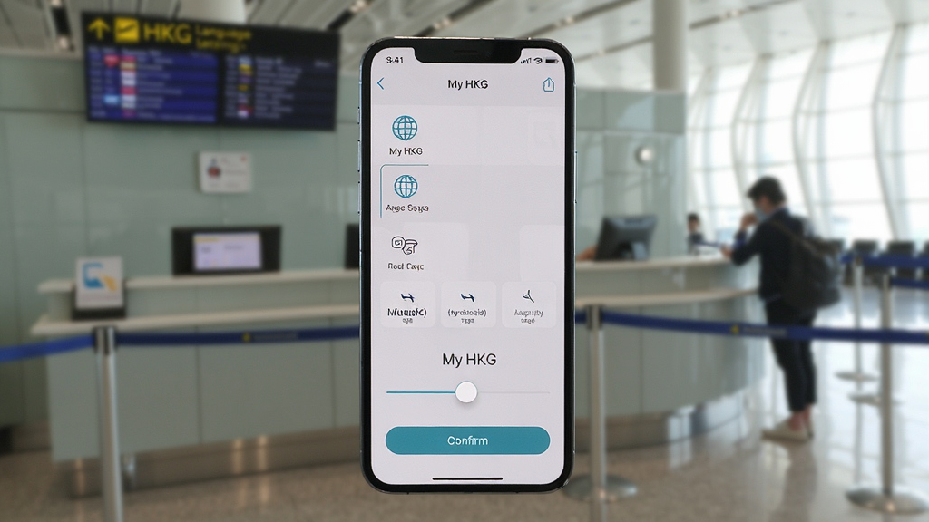 �ֻ���Ļ��ʾ My HKG �������ý��棬�������ж�������ѡ��������С���ڻ��飬����Ϊ������ѯ��������Ϊ�ֻ�������ͼ�꣬����Ϊ�Գƹ�ͼ���Ű����������Ϊ�ִ���Լ��ϸ�ڰ�������ͼ�ꡢ�����Сʾ����ȷ�ϰ�ť�����ʸ��壬�ɾ����޶���Ԫ�ء�