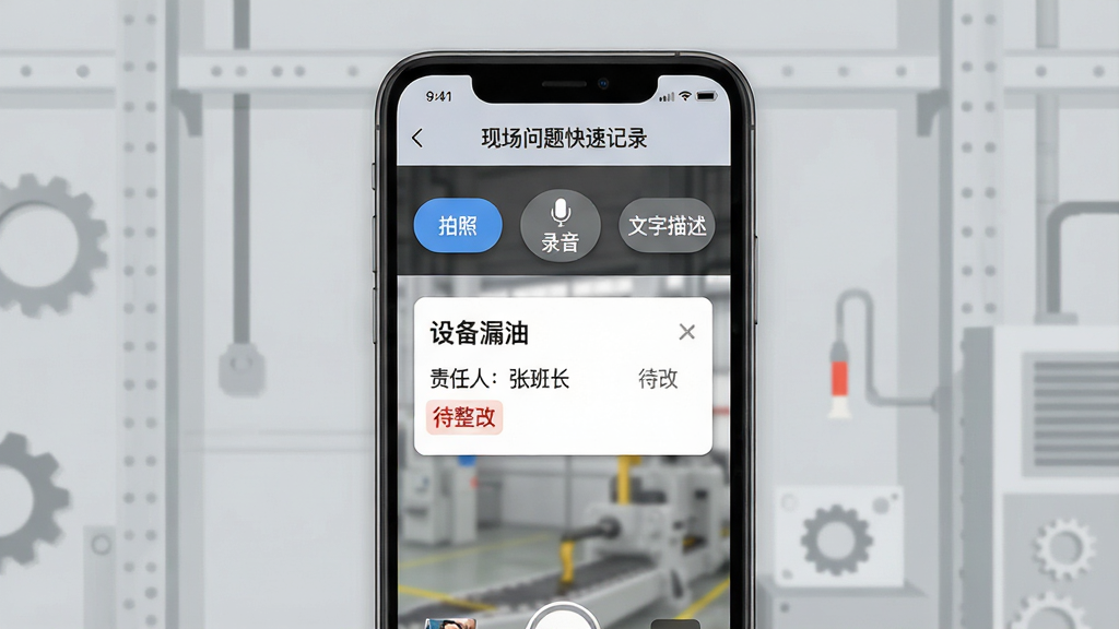 һ��չʾ�������app�С��ֳ�������ټ�¼�����ܵĽ����ͼ���ͼ����������Ϊ�ֻ���Ļ��д����Ļ����ʾ���ռ�¼���棬�С����ա���¼������������������ť���Լ�һ���Ѽ�¼���쳣��Ϣ��Ƭ����Ƭ�ϱ�ע���豸©�͡��������ˣ��Ű೤���������ġ�������������Ϊǳ��ɫ��ҵ��񣬲���Ϊ����չʾ�ֻ������Ϊ��ƽ��UI��ƣ�ϸ�ڰ�����ť��Բ������Ӱ�����������ɾ���ͼƬ������Ϊ���ģ��޶���Ԫ��