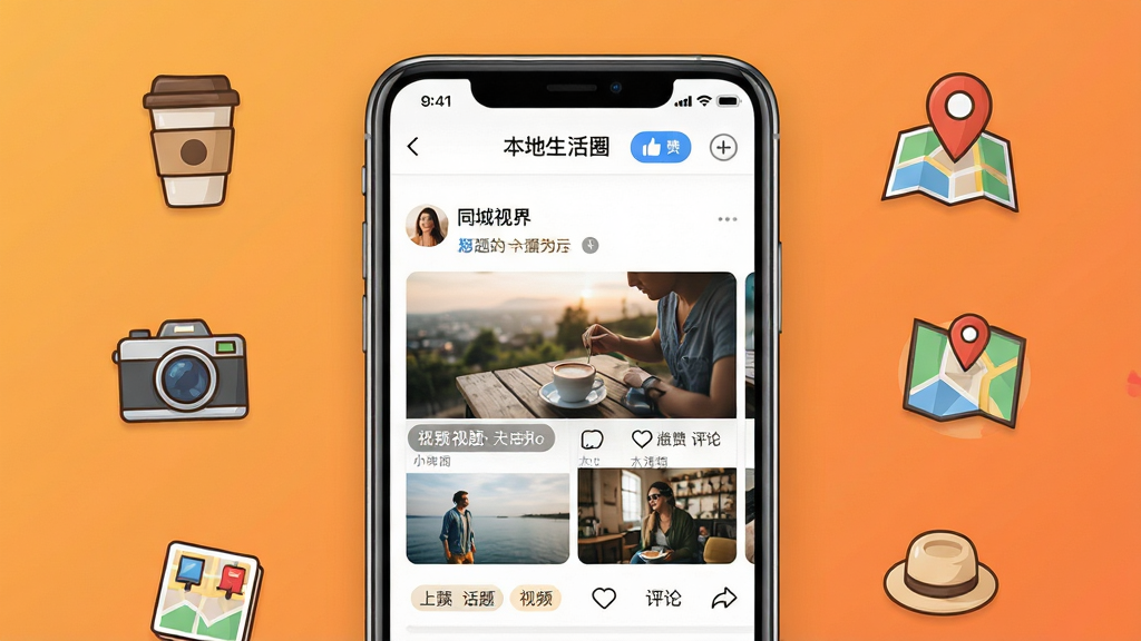 ͬ���ӽ�APP��������Ȧ����ҳ�棬�������ֻ���Ļ��ʾ�û�������ͼ�Ķ�̬�����Ƶ��Ƭ����Ļ��Χɢ���ſ��ȱ����������ͼ��λ��Сͼ�꣬����Ϊů��ɫ���䣬���ֲ����ֻ����С�ͼ���׺ʽ��ͼ�������ܰ�����ϸ����ͻ���������۰�ť�뻰���ǩ�������������ɾ����޶���Ԫ��