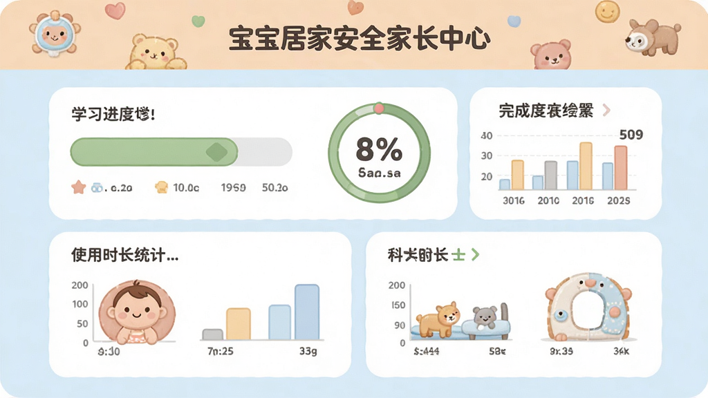 �����ӼҰ�ȫ�ҳ����Ľ��棬��ͨ�������ݱ���ҳ�棬��ʾѧϰ����������ɶȰٷֱȡ�ʹ��ʱ��ͳ�Ƶ�ͼ����������������ɫ����ͣ���ƽ����Ʒ�񣬲��ֹ��������ʸɾ����壬�޶���Ԫ��