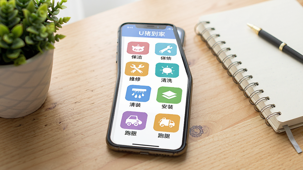 һ��չʾU������APP�������ҳ����ֻ�����ͼ����Ļ�г��ֶ����ɫ�������ͼ�꣬�������ࡢά�ޡ���ϴ����װ�����ȵȣ�ÿ��ͼ���·������ı�ǩ���ֻ�������һ��ľ�������ϣ��Ա�����ֲ�ͱʼǱ������Ϊ���������Ʒ��Ӱ������������Ȼ��ϸ�����������ʸɾ����޶���Ԫ�ء�