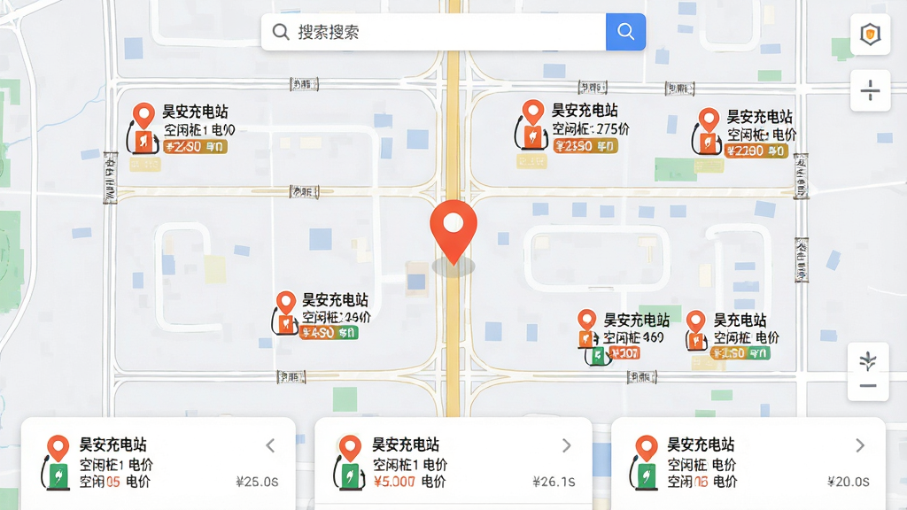 ��������Ϊһ�ŵ��ӵ�ͼ���棬��ͼ�Ϸֲ��Ŷ����껰����վ���ĳ��վ���ǣ�ÿ������Ա���С����ʾ����׮���͵�ۡ����ֲ���ȫ����ͼ�������棬��ͼ������һ����Ŀ�Ķ�λͼ�ꡣ�Ű��ϵ�ͼ���������������ײ���վ���б���Ƭ�����Ϊ��ƽ��UI��Ʒ��ϸ�ڰ�����·���������׮ͼ�ꡢ�۸��ǩ�����ɼ�������Ϊ���壬����ɾ����޶���Ԫ�ء�
