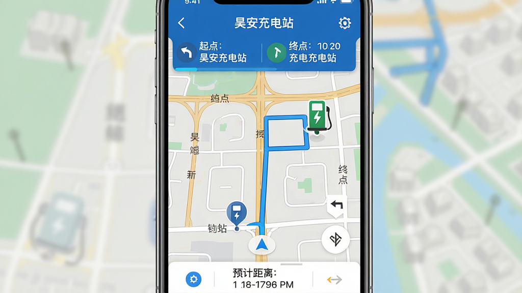 ��������Ϊ�ֻ���Ļ��ʾ��껰����վ��App�ĵ������棬��ͼ���дӵ�ǰλ�õ����վ��·�ߣ�·������ɫ����������յ��г��׮ͼ�ꡣ���ֲ����ֻ������ͼ�����Ļ���ݾ��С��Ű��϶����������յ���Ϣ���ײ���Ԥ��ʱ��;��롣���Ϊ�ִ�����UI��ƣ�ϸ�ڰ�����·���ơ�ת���ͷ����������Ϊ���壬����ɾ����޶���Ԫ�ء�