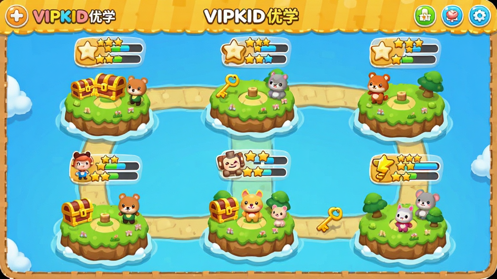 VIPKID��ѧȤζ���ʴ�����Ϸ���棬����Ϊ��ͨ������Ϸ��ͼ����ͼ�Ϸֲ�����ؿ����죬����Ϊ�������ʽ��ÿ�������Ϸ���ʾ��������ͼ�����Ǽ����ȣ��Ű������Ȥ�����ΪQ����Ϸ����ƣ�ϸ�ڰ������䡢Կ�ס�����������ͨ�����ɫ�������д��С�VIPKID��ѧ�����ֱ�ʶ�����ʸ��壬�ɾ��޶���Ԫ��