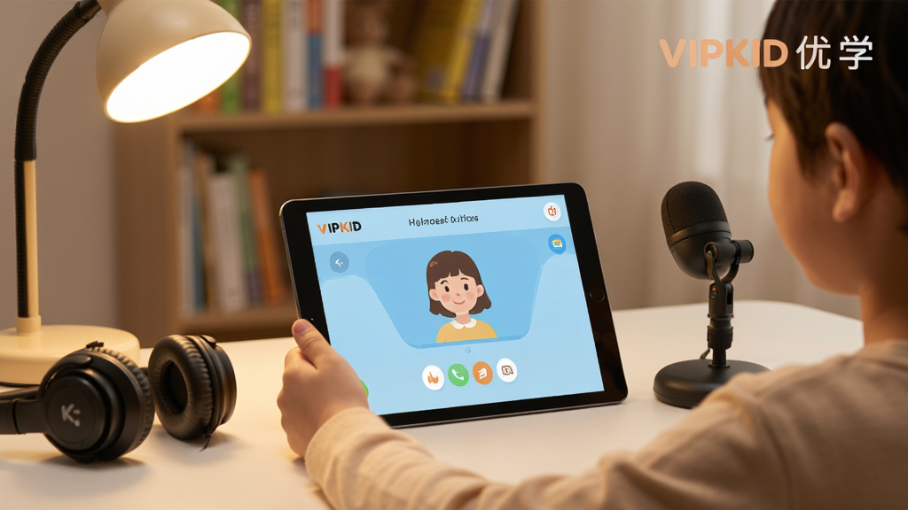 VIPKID��ѧ�ƶ���ѧϰ����չʾ������Ϊһ����ͯ��������ǰʹ��ƽ����Ը���Ӣ�����Ϊ���й�ͼ��ƽ����Ļ��ʾVIPKID��ѧ����������棬�Ű��࣬���Ϊ��ܰ��ͥѧϰ�磬ϸ�ڰ�����͵ƹ⡢��ܱ�������������˷��豸�������д��С�VIPKID��ѧ�����ֱ�ʶ�����ʸ��壬�ɾ��޶���Ԫ��