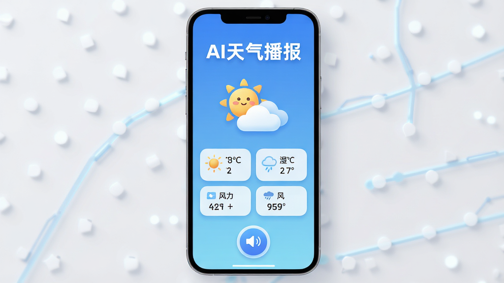 AI������������������չʾͼ������������һ�������ֻ�����Ļ��ʾ��ɫ���䱳���������������棬�Ϸ�����Ŀ�ġ�AI�������������ֱ�ʶ���м��ǿ�ͨ����̫�����ƶ�ͼ�꣬�·������¶ȡ�ʪ�ȡ����������ݿ�Ƭ���ײ���һ��Բ�ε�����������ť�����岼�ּ�����������Ϊ�ִ���ƽ���Ƽ��磬ϸ�ڰ�����͵���Ӱ��Բ��ͼ�꣬���ʸ��壬�ɾ����޶���Ԫ��
