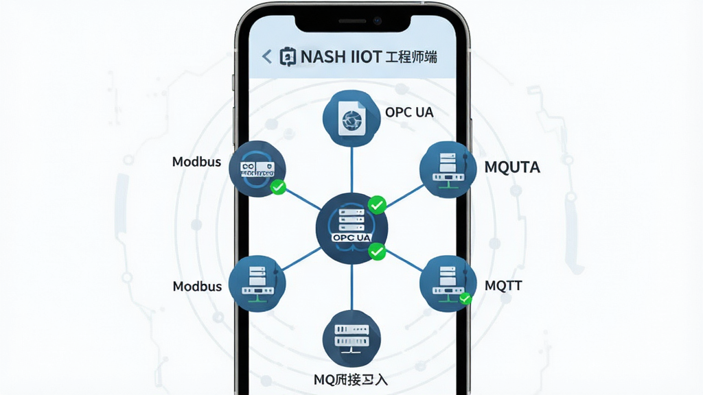 һ��չʾ��NASH IIOT ����ʦ�ˡ���Э���豸���빦�ܵ�ʾ��ͼ�������������ֻ���Ļ����Ļ����ʾ����Э��ͼ�꣨Modbus��OPC UA��MQTT��Χ���豸�ڵ㣬���ֲ������ķ���ʽ�Ű棬���Ϊ��ƽ���Ƽ��磬ϸ�ڰ���Э��ͼ����������ߡ��豸�ڵ�����ɫ���߱�ʶ�������������ɾ��޶���Ԫ��