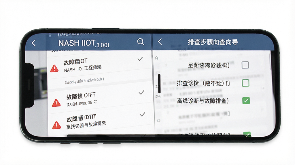 һ��չʾ��NASH IIOT ����ʦ�ˡ��������������Ų鹦�ܵ�ͼƬ����������Ϊ�ֻ���Ļ����Ļ����ʾ�����б����Ų鲽���򵼣����ֲ����б�ʽ�Ű棬���Ϊʵ�ù��߷磬ϸ�ڰ����������к�ɫ��ʾͼ�ꡢ�����й�ѡ״̬�����ʸ��壬�ɾ��޶���Ԫ��