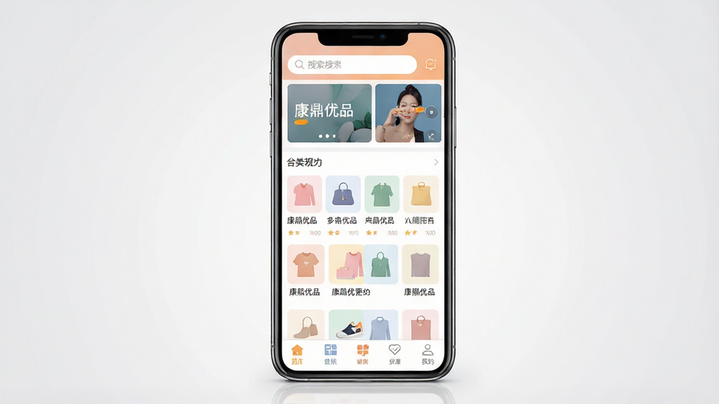 ����������һ�������ֻ�����Ļ��չʾ�Ź���APP��ҳ���棬���������������ֲ�ͼ���в�Ϊ��Ʒ����ͼ�����񣬵ײ�Ϊ�����˵�����������������ʾ��������Ʒ���ĸ����֡�����Ϊ����ǳ��ɫ���䣬���Ϊ��ƽ��UIչʾ��ϸ������Ʒͼ��ɫ����͡��������룬���ʸ���ɾ����޶���Ԫ�ء�