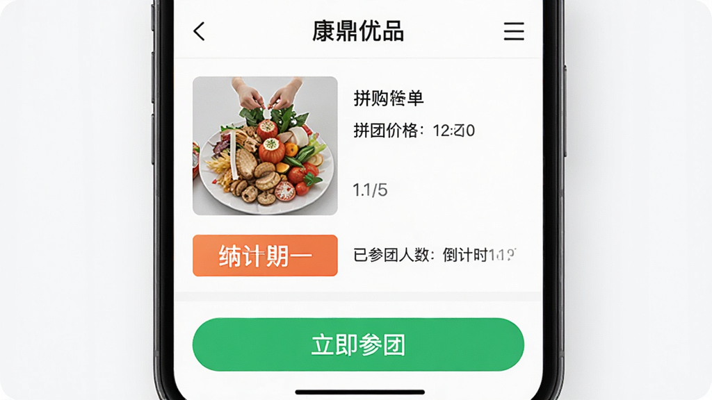 ����Ϊ�ֻ���Ļ��д��չʾ��������Ʒ���Ź�ƴ��ҳ�棬����������ƷͼƬ��ƴ�ż۸��Ѳ��������͵���ʱ��ʾ���ײ��С��������š���ť������Ϊ���½ṹ�����Ϊ�ִ�����APP���棬ϸ���ϰ�ť��ɫ��Ŀ���������������ʸ��壬�ɾ��޶���Ԫ�ء�