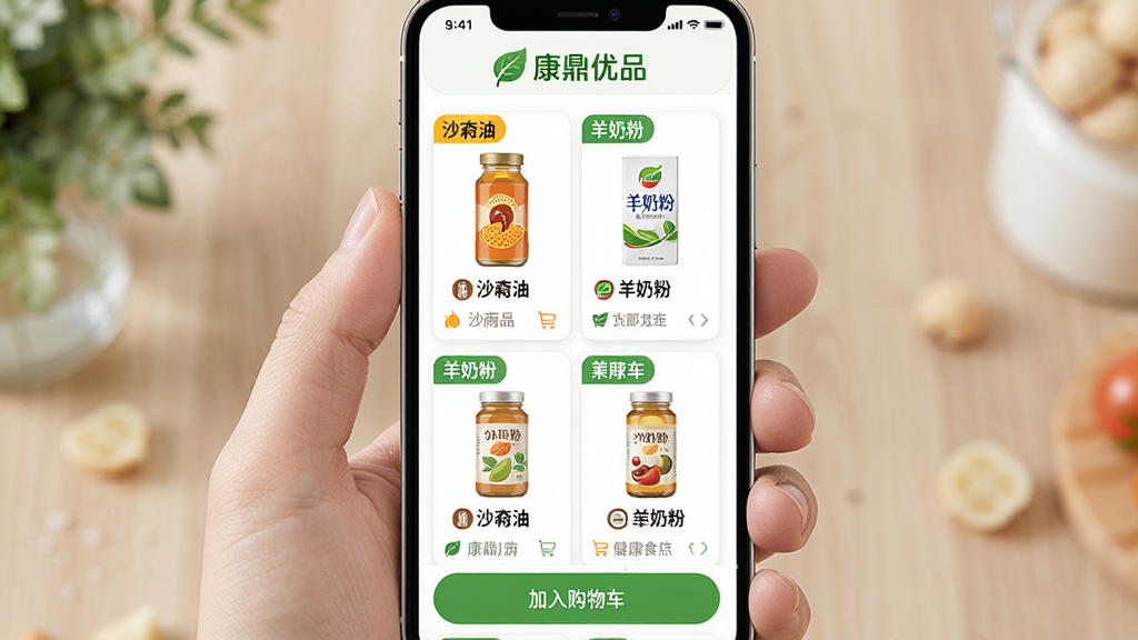 ����չʾ�ֻ�APP�еĽ���ʳƷ����ҳ�棬��Ļ�Ϸ��С�������Ʒ��Ʒ�Ʊ�ʶ���в�Ϊ��Ʒ��Ƭ�б�������ɳ���͡����̷۵Ȳ�ƷͼƬ�����ƣ��·��м��빺�ﳵ��ť������Ϊ�����б��Ű棬���Ϊ���½���ɫ����ϸ������ƷͼƬ��������ǩ��Ŀ�����ʸ���ɾ����޶���Ԫ�ء�