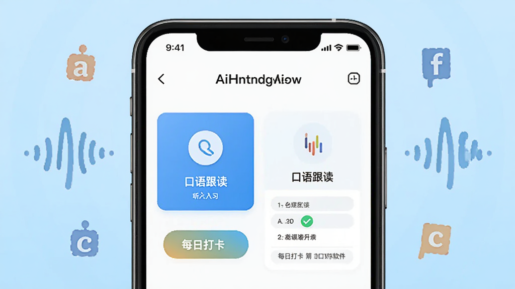 Ӣ��Ai��˵����������չʾ����������Ϊ�ֻ���Ļ����Ļ�ڳ���Ӣ��Ai��˵ѧϰ��ҳ������������ϰ��ڡ����������ť��ÿ�մ�ģ�飬����Ϊǳ��ɫ���䣬��Χ����Ӣ����ĸ������ͼ�꣬��ƽ����Ʒ��ϸ�����������ʸɾ����޶���Ԫ��