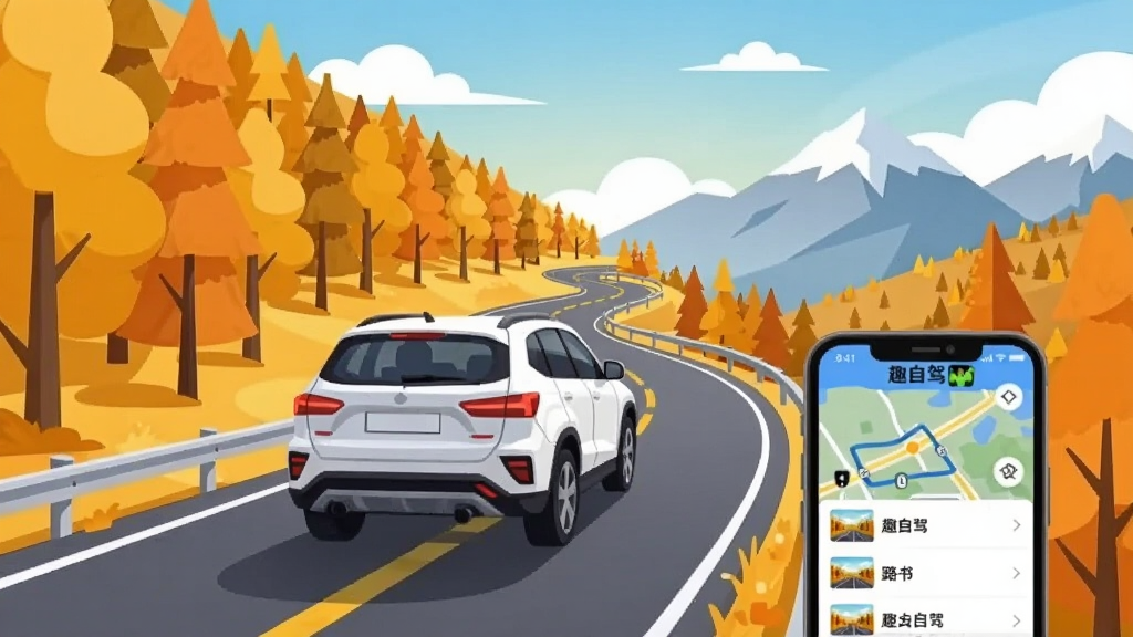 һ�ź�����ֲ廭������������һ����ɫSUV��ʻ�����ѵ���ɽ��·�ϣ���·�����ǽ��ɫ���＾ɭ�ֺ�Զ����ѩɽ�����տ��Ʈ�ż�����ƣ��������½���һ�������ֻ���Ļ��ʾ�š�Ȥ�Լݡ�APP�Ľ��棬�������е�ͼ·�ߺ�·���б���������Ϊ��ƽ��ʸ���廭��ɫ����ů����������ɾ����࣬�޶������ֺ�Ԫ�أ����廭�ʡ�