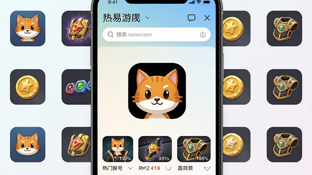 һ��չʾ����èAPP��������ֻ���ͼ�����������ǽ���è��־�Եĳ�ɫè��ͼ�꣬����Ϊǳɫ���䣬�ֻ���Ļ��չʾ������Ϸ���������������Χ������Ϸ�˺š���ҡ�װ����Сͼ�꣬���岼��������������ִ���ϸ�ڷḻ�����ʸ��壬�ɾ��޶���Ԫ��
