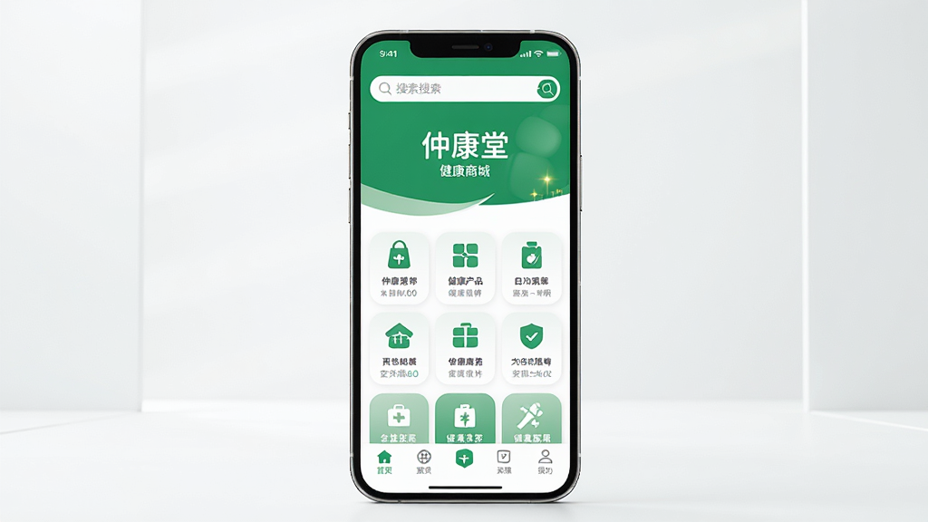 ������һ�����������ֻ�����Ļ����ʾ���ٿ���APP����ҳ���棬��������ɫ�Ͱ�ɫΪ��ɫ�������������������в��н�����Ʒ����ͼ�꣬�ײ��е�����������Ϊ�ֻ����з��ã������Ǹɾ�������ǳɫ����ռ䣬���Ϊ�ִ���Լ��3D��Ⱦ��ϸ�����ֻ���Ե����΢���⣬��Ļ������������ʾ���ٿ��á��͡������̳ǡ�����������Ϊ�����壬����ɾ����޶���Ԫ�ء�