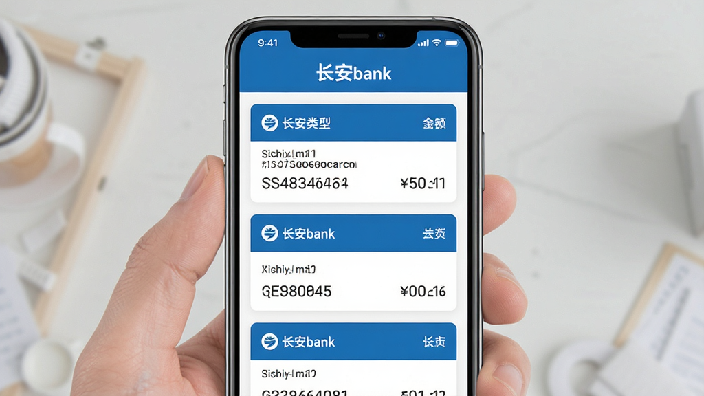һ�ų���bank�ֻ������˻�����ҳ��չʾͼ���������ֻ���Ļ��ʾ��������˻���Ƭ�������У�ÿ�ſ�Ƭ�����˻����͡�β���������Ϣ��������ɫ������Ϊ���������ˬ��࣬��Ļ�Ϸ��С�����bank������������Ϊ��ƽ������APP��Ʒ�񣬻����������ɾ�������Ԫ��