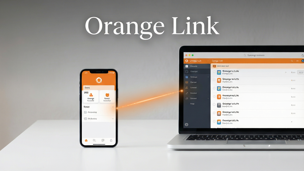 һ��չʾ Orange Link �������Ĺ��ܵĳ���ͼ������������һ�������ֻ���һ̨�ʼǱ����Բ��ŷ��ڸɾ���ǳɫ�����ϣ��ֻ���Ļ��ʾ Orange Link �ļ�������棬������Ļ��ʾͬ�����յ��������б������ֲ������ҶԳƹ�ͼ���Ű����������� ��Orange Link�� �����ŵİ�ɫ������ʾ�ڻ��涥�����롣���Ϊ�ִ��Ƽ��С���ƽ����ơ�ϸ�ڰ����ֻ������֮���е����ĳ�ɫ�������ӣ�����������ת�����ʸ��壬����ɾ����޶���Ԫ�ء�