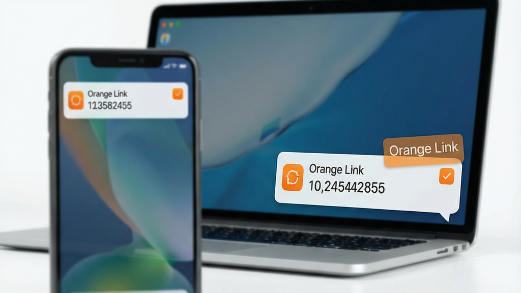 һ��չʾ Orange Link ֪ͨͬ�����ܵĳ���ͼ������������һ̨�ʼǱ����Ժ�һ���ֻ���������Ļ���½ǵ���һ��֪ͨ���ݣ��ֻ���Ļ����Ҳ��ʾͬ����֪ͨ���ݡ����ֲ���ǰ���ͼ���ֻ���ǰ���������ڱ������Ű����������� ��Orange Link�� �Ա�ǩ��ʽ����֪ͨ�����Աߡ����Ϊдʵ�Ƽ��硣ϸ�ڰ���֪ͨ����������֤�����ֺͳ�ɫСͼ�ꡣ��������������ɾ����޶���Ԫ�ء�