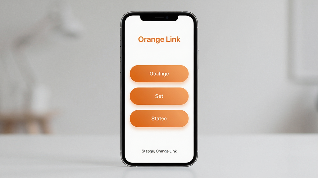 һ��չʾ Orange Link ������������ֻ�ģ��ͼ������������һ�����ŵ������ֻ�����Ļ��ʾ Orange Link �������棬����ֻ��������ť��һ��״̬���֡����ֲ��þ��жԳƹ�ͼ���Ű����������� ��Orange Link�� ��ʾ���ֻ���Ļ���������Ϊ�ִ����� UI ���չʾ��ϸ�ڰ�����ť������΢�ĳ�ɫ�����Բ�ǡ����ʸ��壬����ɾ����޶���Ԫ�ء�