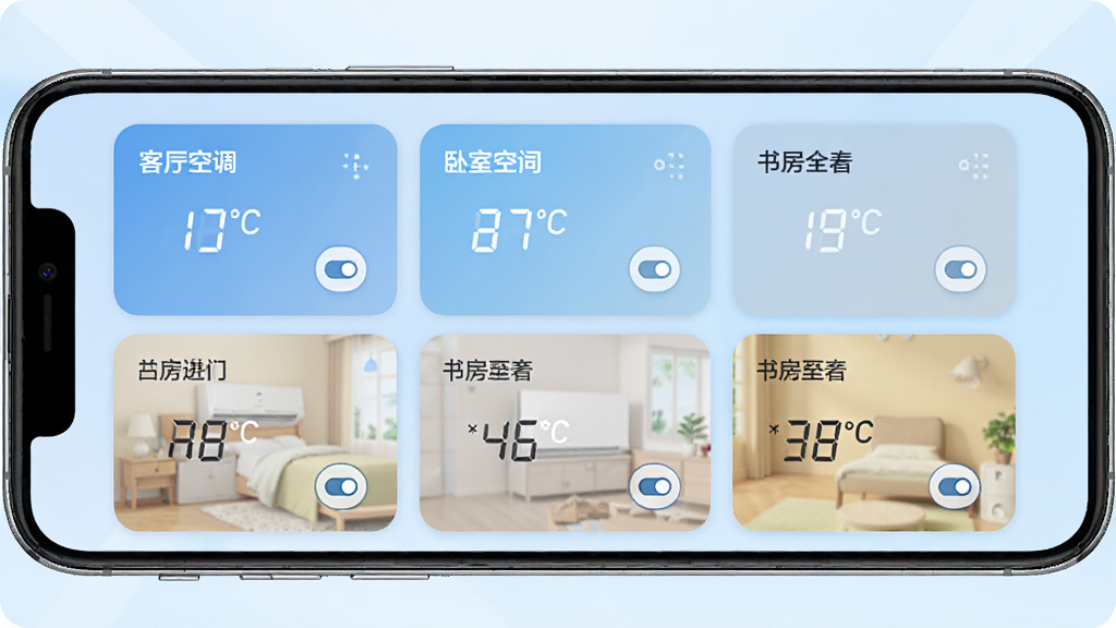 �յ�ң������ͨ���������豸�������棬�ֻ���Ļ����ʾ����յ���Ƭ���ֱ��ע�����յ������ҿյ����鷿�յ������ƣ�ÿ����Ƭ�����¶���ʾ�Ϳ��ذ�ť������Ϊ����ɫ���䣬������¼�࣬���ʸ��壬��������