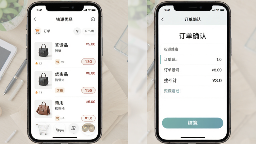 ��Դ��ƷAPP���������ͼ���ֻ���Ļ����ʾ���ﳵҳ��Ͷ���ȷ��ҳ�棬������Ʒ�б����۸�ϼơ����㰴ť��Ԫ�أ����沼����������ɫ��ͣ����ʸ��壬ϸ�ڷḻ���޶�������˵��