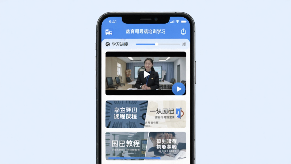 Я��˾������ѵѧϰҳ�棬�ֻ���Ļչʾ��Ƶ�γ��б���ͼ�Ľ̷̳��棬�в��Ű�ť��ѧϰ��������ҳ�涥���з���淶���⣬����Ϊǳ��ɫ������������¼�࣬ͼ�꾫�£����������ѧϰ��APP���Ӿ����ܣ����ʸ��壬�޶�������