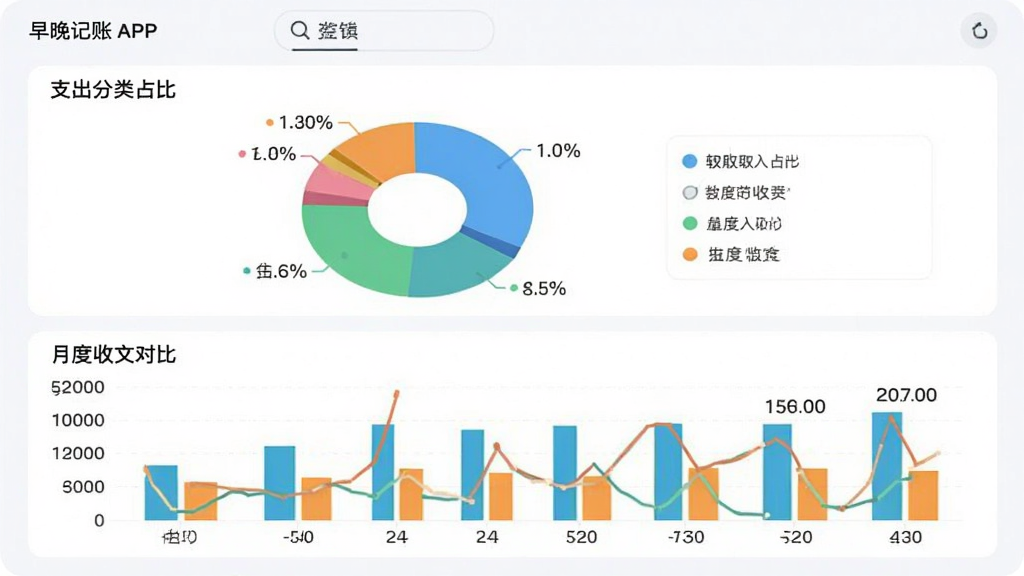 ����Ϊ��������APP��ͳ�Ʊ���ҳ�棬����Ϊ�Ϸ���ͼչʾ֧������ռ�ȣ��·���״ͼ�Ա��¶���֧���Ű����½ṹ�����Ϊ���ݿ��ӻ����·磬ϸ�ڰ����ٷֱȱ�ǩ����ɫ��������֧�������ʸ��壬�ɾ����޶���Ԫ��