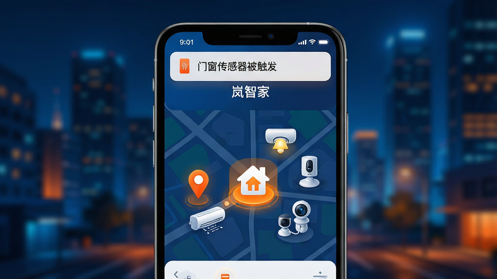����������һ���ֻ���Ļ����ʾ����Ǽҡ�APP��Զ�̿��ƽ��棬��ͼ����һ����λͼ�������żҵ�ͼ�꣬�ҵ�ͼ����Χ�пյ����ƹ⡢����ͷ���豸���ֻ���Ļ�Ϸ�����֪ͨ�������ʾ���Ŵ����������������ľ�����Ϣ��������ģ���ĳ���ҹ�������Ϊ�ִ��Ƽ��磬ɫ��������������ɫΪ�����Ա�������ϸ�ھ��£������������ɾ��޶���Ԫ�ء�