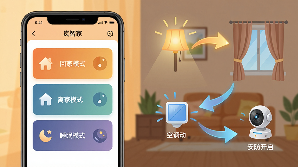 ���������һ���ֻ����棬��ʾ����Ǽҡ�APP�ĳ�������ҳ�棬�����С��ؼ�ģʽ�������ģʽ����˯��ģʽ���ȿ�Ƭʽ��ť�������Ҳ��ö�̬��ͷ��ͼ��չʾ��Щ��������������豸�ı仯���ƹ����𡢴����رա��յ���������������ͷ������������Ϊ��Ϣͼ��ʽ�廭���������ҷ�����ɫ����ů������ϸ�����������ʸɾ����޶���Ԫ�ء�