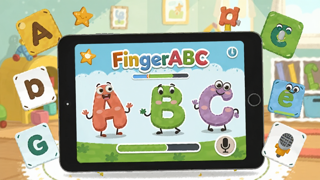 һ��չʾ��ͯӢ��ѧϰ�����Ĳ廭������������һ̨ƽ����ԣ���Ļ����ʾ�š�FingerABC���Ĳ�ɫ��ĸ�Ϳ�ͨ��ĸ��ɫ����Ļ��Χ��Ư����Ӣ����ĸ��Ƭ�����Ǻ�С��Ͳͼ�꣬������������ܰ�Ķ�ͯ����������ƽ�����Ϊ�Ӿ����ģ���ΧԪ�سʷ���״���У����Ϊ��ƽ����ͨ�廭��ɫ�������ơ�����������Ϊ����ϸ�ڰ�����ĸ�ϵ�Ц�����顢��Ļ�ڵĽ���������˷簴ť�����������ɾ����޶�������Ԫ��