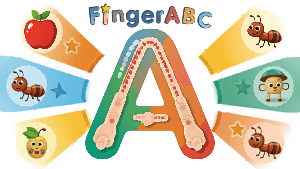 һ���ԡ�FingerABC����ĸѧϰΪ�����AI��ͼ������������һ���޴�Ĳ�ɫ��ĸ��A������ĸ��������ָ���Ĺ켣��������ĸ��Χ������ƻ�������ϵȵ��ʶ�Ӧ��Сͼ�꣬����Ϊ��ĸ���С�ͼ�껷�ƣ��Ű��Բ�η�ɢ״�����Ϊ��ͯ�������ƽ�廭��ϸ�ڰ�����ĸ�ϵĸ߹�Ч������ָͼ������ǽ�����ǣ����ʸ���ɾ����޶���Ԫ��