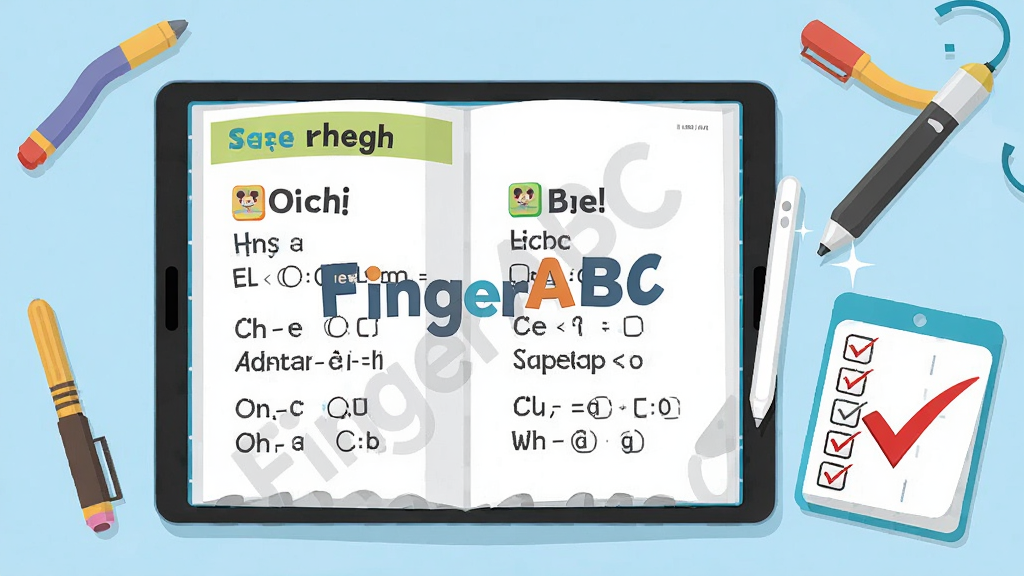 һ���ԡ�FingerABC���̲�ͬ����ϰΪ�����AI��ͼ������������һ�������ĵ��ӿα����α�ҳ������ʾ��Ӣ�ﵥ�ʺ�ѡ���⣬�α��Ա���һ֧���رʺ�һ���򹴵Ĵ��⿨������Ϊ�α����С��ľ߻��ƣ��Ű������򣬷��Ϊ�������ƽ�廭��ϸ�ڰ����α�ҳ���ϵġ�FingerABC��ˮӡ�����⿨�ϵĺ�ɫ�Թ������رʵıʼ�߹⣬���������ɾ����޶���Ԫ��