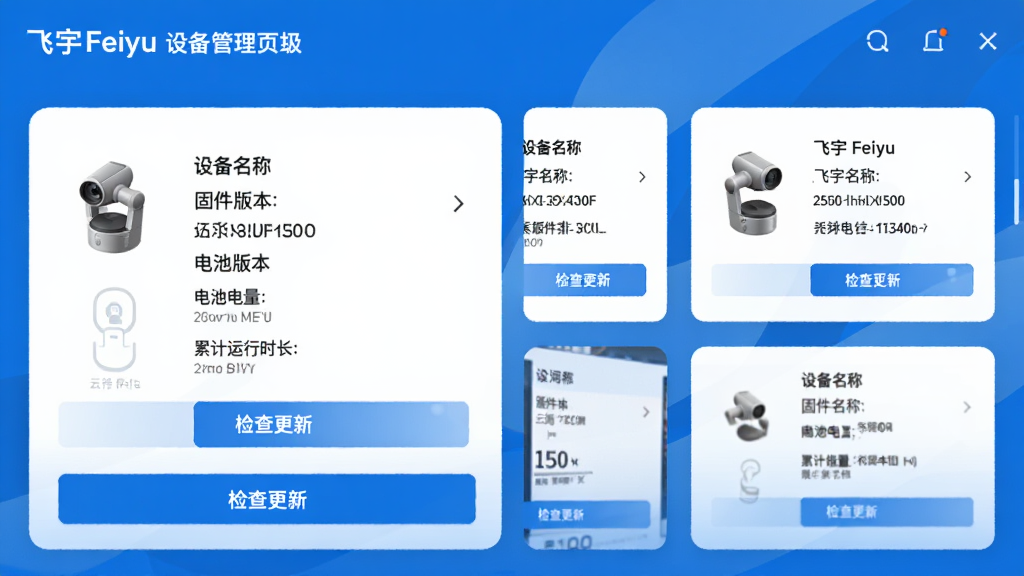 ���� Feiyu ON �豸����ҳ�棬������չʾ����̨�豸����Ϣ��Ƭ�������豸���ơ��̼��汾����ص������ۼ�����ʱ�������ݣ��·��С������¡���ť��������ÿ�Ƭʽ���֣���ɫ������Ϊ������������񣬻��ʸɾ������������ɱ�