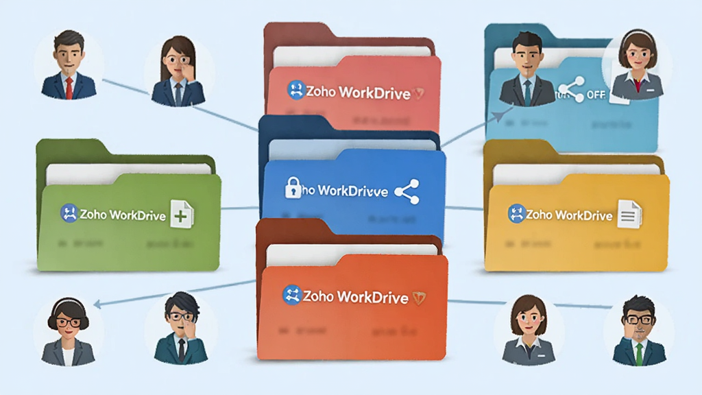 ����չʾһ���ɶ����ɫ�ļ�����ɵ��Ŷӹ����ռ䣬�ļ����ϱ�ע''Zoho WorkDrive''��������Χ�����Ų�ͬ��ɫ��С��ͼ�꣬����Ϊ���ķ���ʽ�����Ϊ��Լ����廭��ϸ�ڰ���Ȩ������������ͷ���ļ�����ͼ�꣬�����������ɾ����޶���Ԫ��