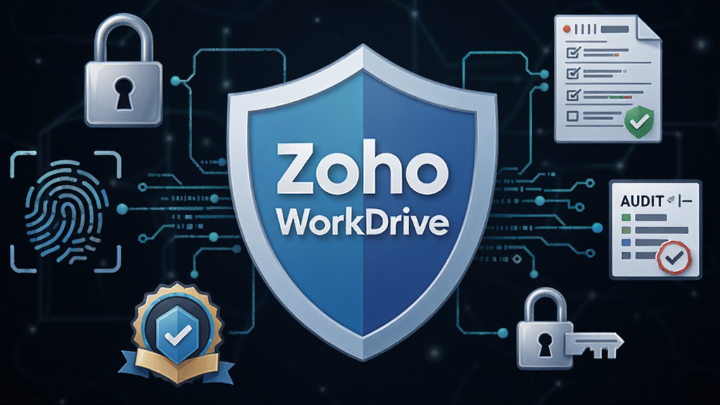 ����������һ��������״�İ�ȫͼ�꣬������д��''Zoho WorkDrive''����Χ����������ָ�ơ������־������Կ�׵�Ԫ�أ�����Ϊ���ƾ��л���ʽ�����Ϊ��ȫ�Ƽ��廭��ϸ�ڰ���������������֤���¡��������������������ɾ����޶���Ԫ��