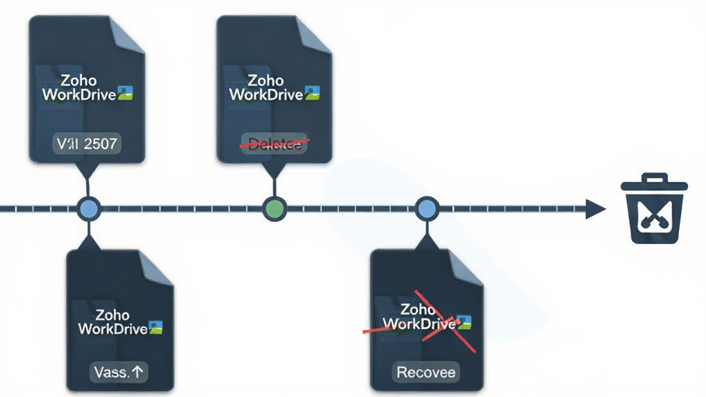 ����չʾһ��ʱ���ᣬʱ�����������Ŷ���ļ��汾�ڵ㣬�ڵ��ϱ�ע''Zoho WorkDrive''���Ҳ��л���վͼ�꣬����Ϊ����ʱ���ߣ����Ϊ�����Ϣͼ��ϸ�ڰ����汾�ű�ǩ���ָ���ͷ��ɾ���ߣ����ʸ��壬�ɾ����޶���Ԫ��