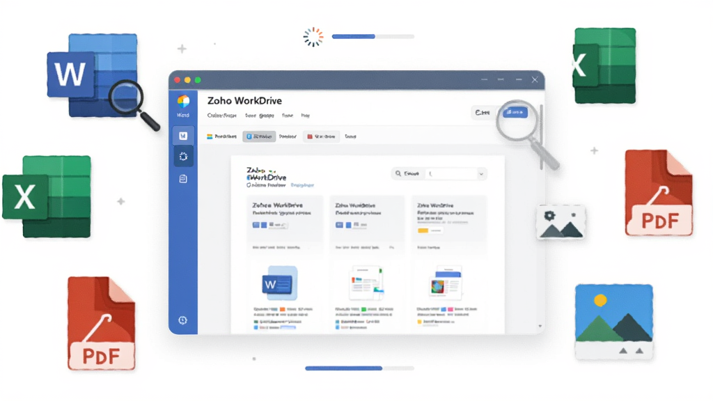 ����������һ���������ĵ�Ԥ�����ڣ���������ʾ''Zoho WorkDrive''����Ԥ�����棬��ΧƯ����Word��Excel��PDF��ͼƬ�ȸ�ʽͼ�꣬����Ϊ���л���ʽ�����Ϊ�ִ���ƽ�廭��ϸ�ڰ����Ŵ󾵡����ؽ����������ʽ��ǩ�����ʸ��壬�ɾ����޶���Ԫ��