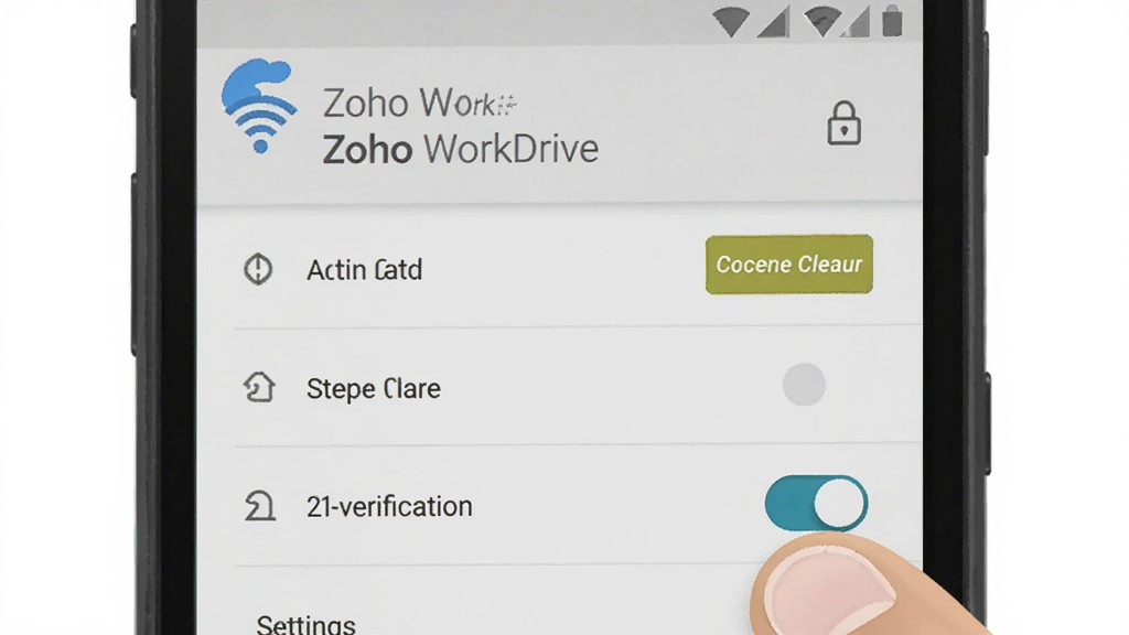 ����չʾһ����׿�ֻ���Ļ����ʾ''Zoho WorkDrive''�����ý��棬�Ա���WiFiͼ�ꡢ����������ť��������֤���أ�����Ϊ�ֻ�������д�����Ϊ���̳̲廭��ϸ�ڰ�����ָ�������������ѡ���б�����ȫ��ͼ�꣬���ʸ��壬�ɾ����޶���Ԫ��