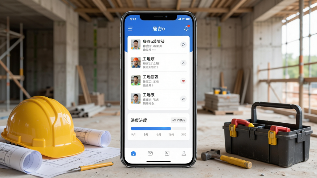 手机屏幕中展示唐吉e装应用主界面,界面包含工地列表和进度条,背景是装修工地场景,布局为居中手机展示,排版简洁清晰,风格为现代科技感,细节包含安全帽、图纸、工具箱元素,画质高清干净无多余元素