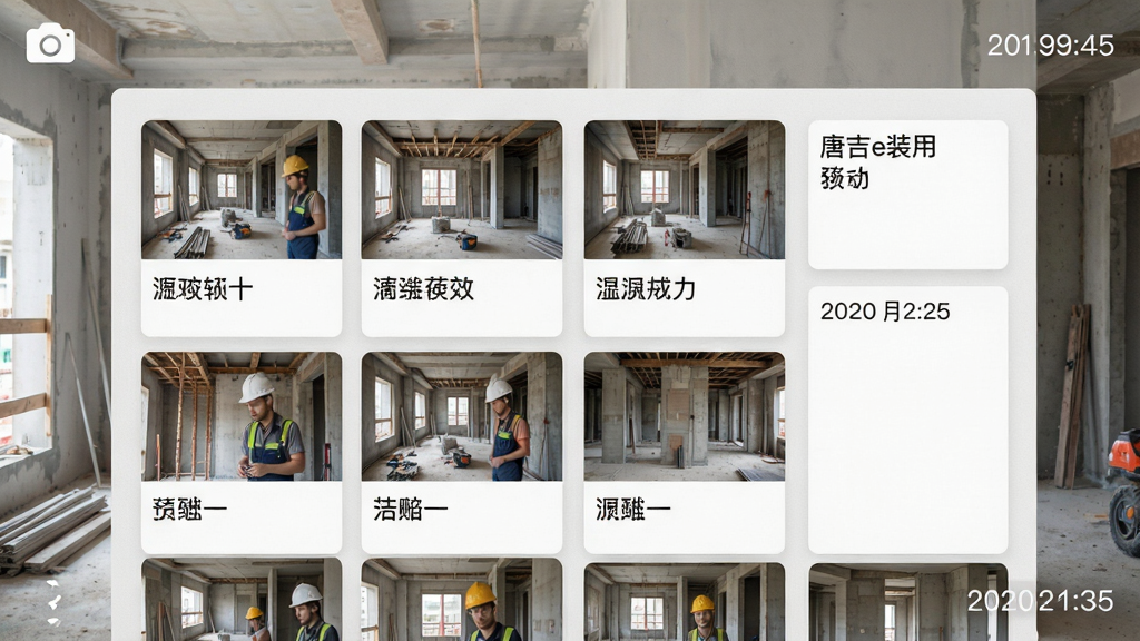 唐吉e装应用拍照记录界面,展示施工现场照片和文字备注,背景为装修工地,布局为网格状照片墙,排版规整,风格为浅灰质感,细节包含相机图标和日期水印,画质高清干净无多余元素