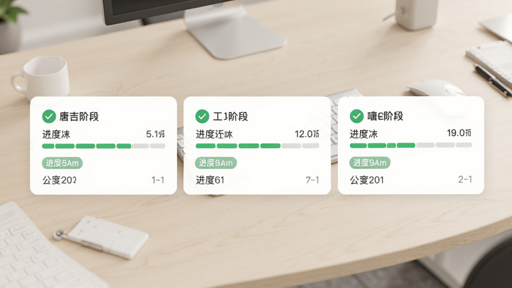 唐吉e装应用界面展示多个工地进度卡片,每个卡片上有进度条和施工阶段标签,背景为浅色办公桌面,布局为横向排列的卡片式设计,排版整齐有序,风格为简约商务,细节包含对勾图标和日期标注,画质清晰干净无多余元素