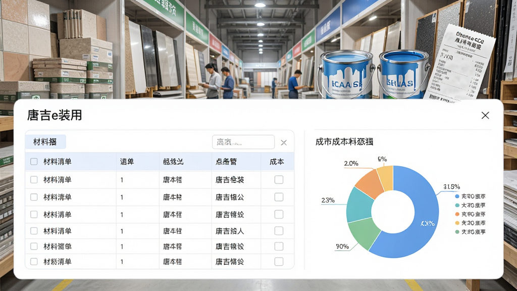 唐吉e装应用内材料管理界面,展示材料清单表格和成本饼图,背景为装修材料市场场景,布局为上下分栏,排版清晰,风格为清新浅色,细节包含瓷砖、油漆桶、收据等元素,画质高清干净无多余元素