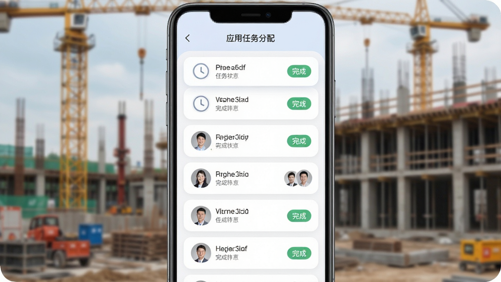 唐吉e装应用任务分配界面,展示任务列表和成员头像,背景为施工现场,布局为纵向列表式,排版简洁,风格为柔和圆角,细节包含时钟图标和完成状态标签,画质清晰干净无多余元素