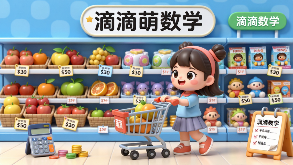 һ��չʾ���ε�����ѧ�����������AI��ͼ��������һ����ͨСŮ�������ⳬ���ﹺ������ϰ���ˮ������ߣ�ÿ����Ʒ���м۸��ǩ������Ϊȫ���ӽǣ�СŮ�����Ź��ﳵ���Ű����������Ϊ3D��ͨ��Ⱦ��ϸ���м�������Ӳ�ҡ������嵥�����ʸ��壬����ɾ����޶���Ԫ�ء�