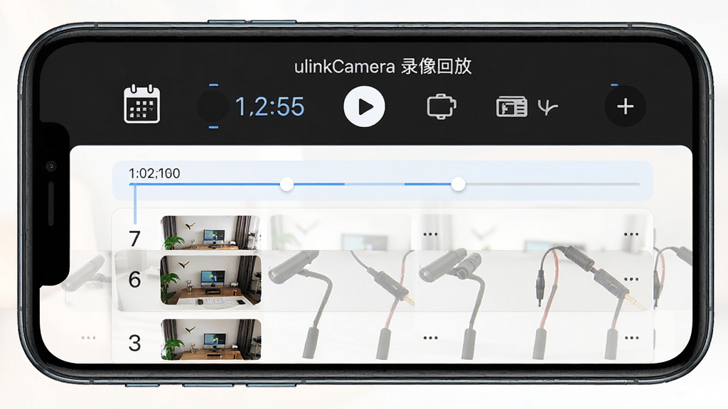 һ��չʾulinkCamera¼��طŹ��ܵ�ͼƬ������Ϊ�ֻ���Ļ��ʾʱ�����¼��Ƭ�Σ����ֲ������½ṹ���Ű��Ϸ�Ϊʱ��ѡ�����·�Ϊ¼���б������Ϊ�ִ���Լ��ϸ�ڰ�������ͼ�ꡢ���Ű�ť���洢��ʶ�����������ɾ���������������ʾ